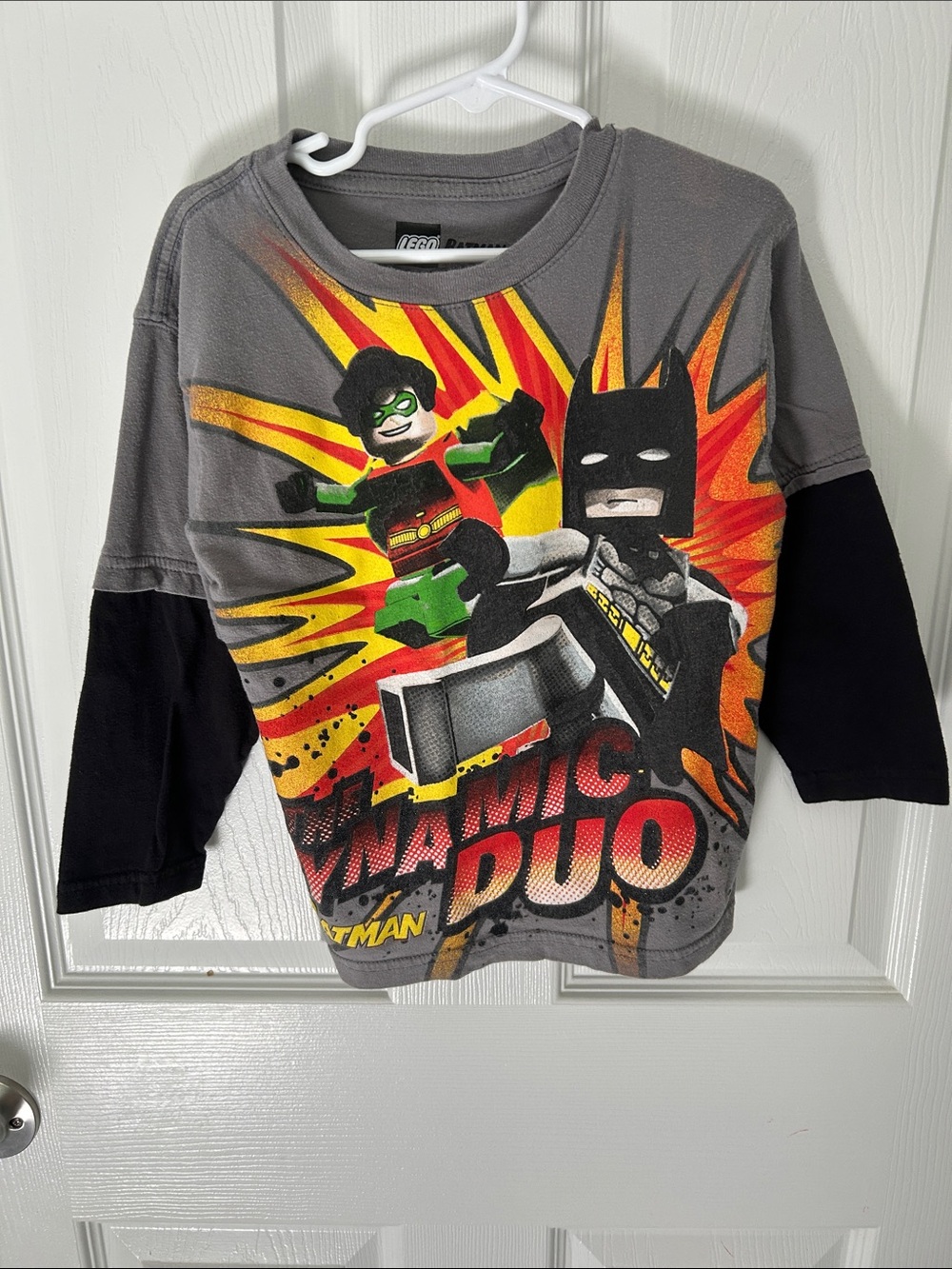 Lego Batman Gray Black Long Sleeve Graphic Tee with Yellow & Red Accents